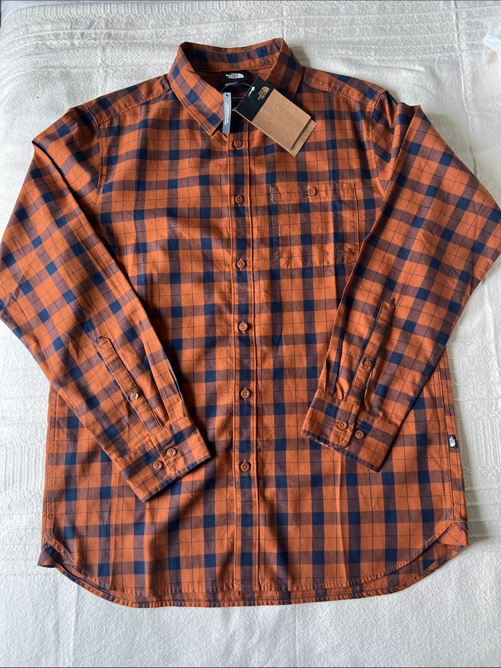 The North Face Orange and Navy Plaid Long-Sleeve Button-Down Shirt